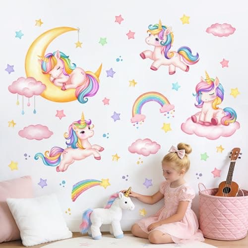 Image of Supzone Rainbow Unicorn Wall Stickers Cloud Stars Wall Art Decals for Girls Nursery Kids Bedroom Living Room Classroom