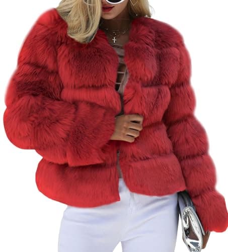 Image of loveimgs Women Warm Fluffy Cropped Puffer Jacket Faux Fur Coat Crop Parka Collarless Winter Teddy Bear Coat Overcoat, Red, X-Large