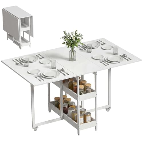 Image of HOMCOM Folding Dining Table for 4, Space-Saving Drop-Leaf Kitchen Table with Storage Shelves and Wheels for Small Spaces, Dining Room or Kitchen, White