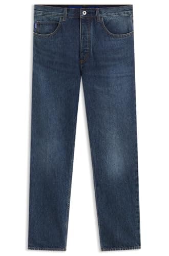 Image of Hugo Jonah Men's Regular Fit Jeans in Medium Blue Stone-Washed Cotton Denim, 418Navy, 33 W/30 L