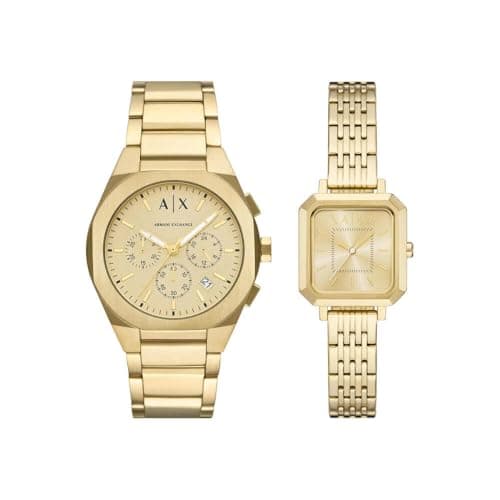Image of Armani Exchange Watch for Men, Quartz Chronograph Movement and 42mm Case Size with Stainless Steel Strap, Bright Gold Set