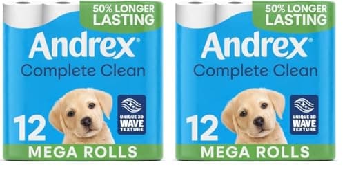 Image of Andrex Complete Clean 12 Mega Toilet Rolls: 18 Standard Toilet Rolls, 50% Longer Lasting Paper with Unique 3D Wave Texture for a Proven, Effective Clean, FSC Certified (Pack of 2)