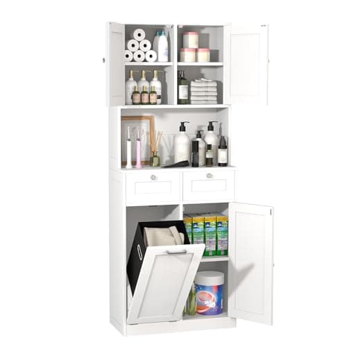 Image of GoaHi Tall Bathroom Cabinet with 4 Doors, Slim Storage Unit with Removable Laundry Basket, Freestanding Floor Cabinet, 2 Adjustable Shelves, 2 Drawers, Modern Farmhouse, White