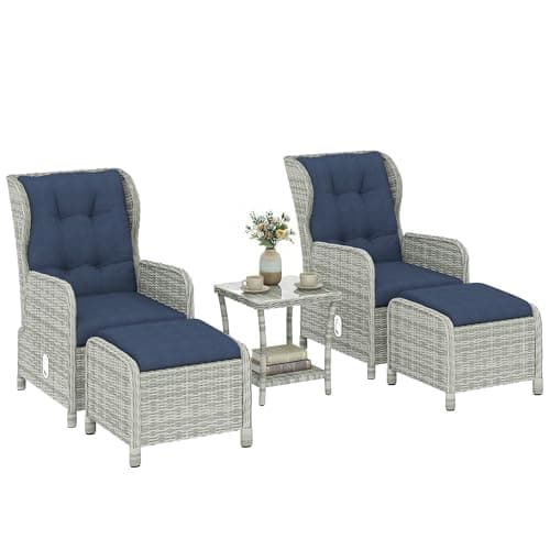 Image of Outsunny 5 Pieces Rattan Bistro Set with Adjustable Back, Reclining Wicker Balcony Furniture with Cushions, Glass Top Coffee Table and Footstools, Outdoor Table and Chairs, Dark Blue