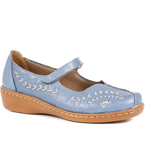 Image of Pavers Womens Wide Fit Leather Mary Jane Shoes in Denim Blue - Comfortable Shoes to Walk in - Touch Fastening Strap & Cut-Out Detail for Everyday Wear - UK Size 5