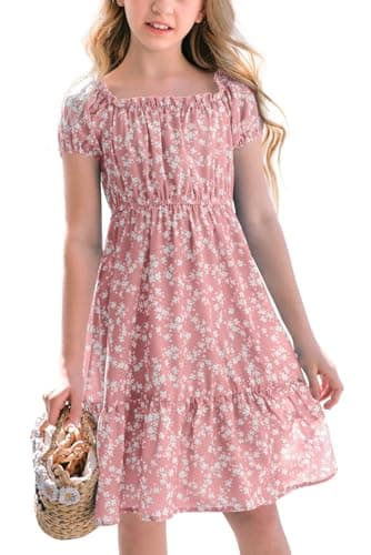 Image of Haloumoning Girls' Dresses Square Neck Floral Dress Dresses Summer Puff Sleeves A-line Midi Dress Kids Party Dress, Pink, 7-8 Years
