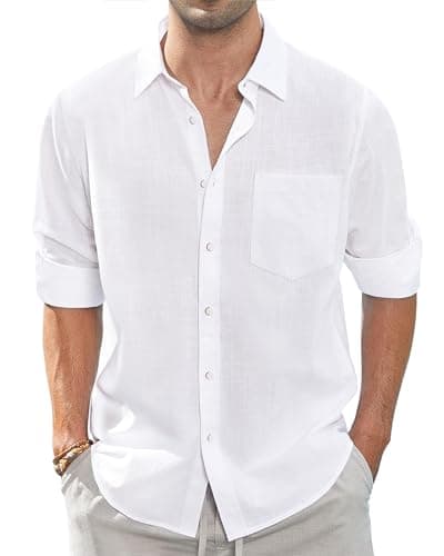 Image of J.VER Men's White Linen Cotton Shirts Long Sleeve Regular Fit Casual Solid Lightweight Summer Beach Shirt with Pocket 2XL