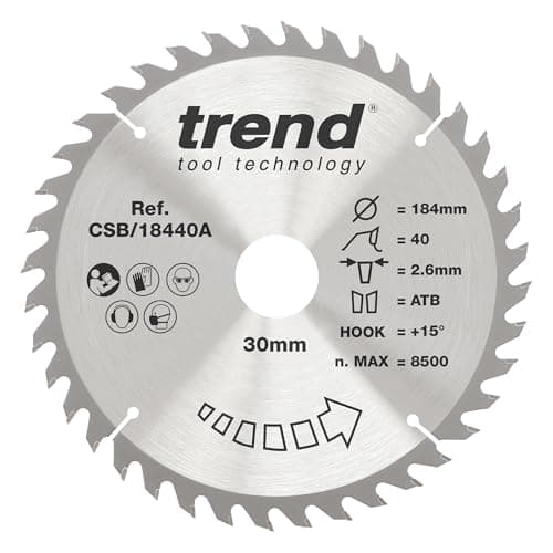 Image of Trend Wood Circular Saw Blade, 184mm Diameter, 30mm Bore, 40 Teeth, 2.6mm Kerf, +15° Hook, TCT, Fine Finish, CSB/18440A