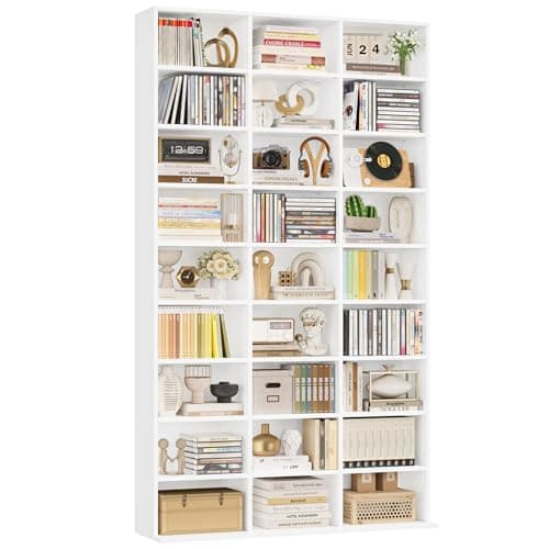 Image of FirFurd Tall Bookcase CD DVD Storage Unit Tower Wooden Display Rack with Adjustble Shelves 27 Storage Compartments White Bookshelf 102.5x23.5x190cm