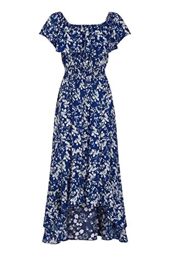Image of Mela London Mela Blue Ditsy Print Bardot Dipped Hem Dress 10 Blue