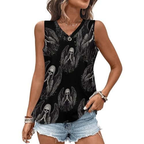 Image of Grim Reaper Bless Women's Vest Top Summer Casual Tank Tops V Neck Sleeveless Shirts Ladies Loose Fit T-Shirts