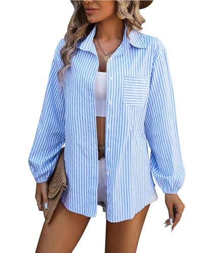 Image of MINTLIMIT Women's Striped Button Down Shirts Long Sleeve Casual Blouses Shirt with Pocket 2024, Sky Blue