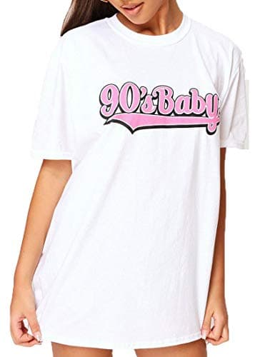 Image of Pure Fashion UK® Women's Slogan Printed Oversized Short Sleeves T-Shirt Ladies Summer Baggy Loose Fit Round Neck Tee Tops Elegant Casual Wear Shirts (90's Baby White, S-M)