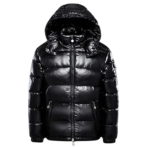 Image of FUUBAMB00 Winter Thicken Down Jackets For Men and Women Short Shiny White Duck Down Jacket Hooded Puffer Coat,Black,L(165cm50kg)