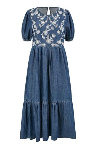 Image of Yumi Blue Chambray Denim Midi Dress with Embroidery and Puff Sleeves (UK, Numeric, 16, Regular, Regular, Blue)