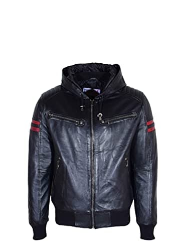 Image of Mens Real Leather Bomber Zip Quilted Jacket Hooded Style RAMMY Black Size S M L XL XXL XXXL (as8, alpha, xx_l, regular, regular)