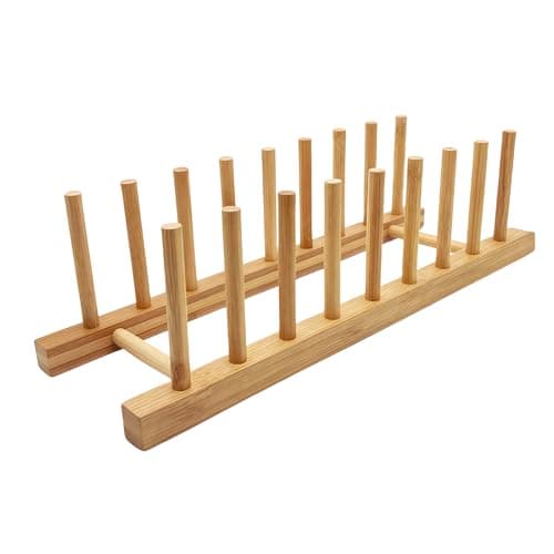 Image of efbock Plate Rack Holder for Kitchen Cupboards Bamboo Wooden Chopping Board Tray Dish Rack Stand Drainers, Kitchen Cabinet Organizer for Plate/Cup/Pot Lid (1, 8 slots)