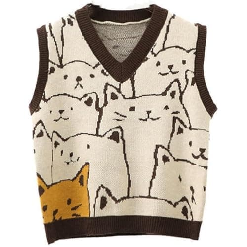 Image of Dawwoti Women’s Knitted Sweater Vest Sleeveless Pullovers Jumpers Cat Pattern Sweatshirts for Winter Autumn Spring Coffee