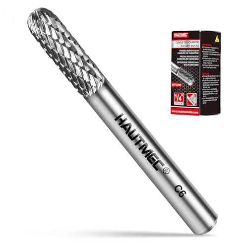 Image of HAUTMEC Tungsten Carbide Rotary Burr Bit YG6, 1/4" Shank Double Cut Die Grinder Bit, Low Vibration Precision Rotary File for Metal Grinding, Engraving & Deburring (6MM Cylindrical Ball End), HT0198