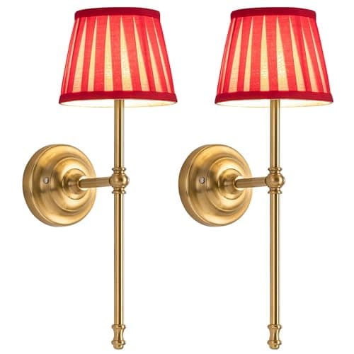 Image of NEWSEE Battery Operated Wall Lights Set of 2, Cordless LED Fabric Wall Sconces, 5200mAh Rechargeable, Dimmable with Touch & Remote Control, Wireless Lamp for Hallway, Bedroom Living Room (Red)