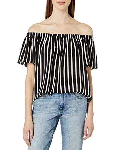 Image of French Connection Women's Stripe Crepe Light Top, Black/Classic Cream, S