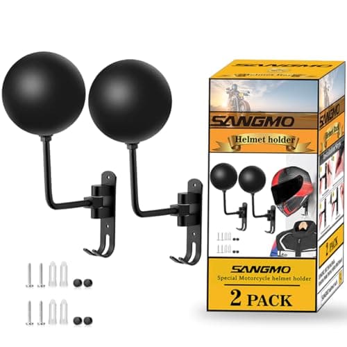 Image of SANGMO 180° Motorcycle Helmet Rack, Rotation Metal Helmet Holder Wall Mounted Helmet Rack Motorcycle with 2 Hooks Helmet Hanger for Motorcycle Bike Coats, Caps, Baseballs and Rugby Helmet (2 Pack)