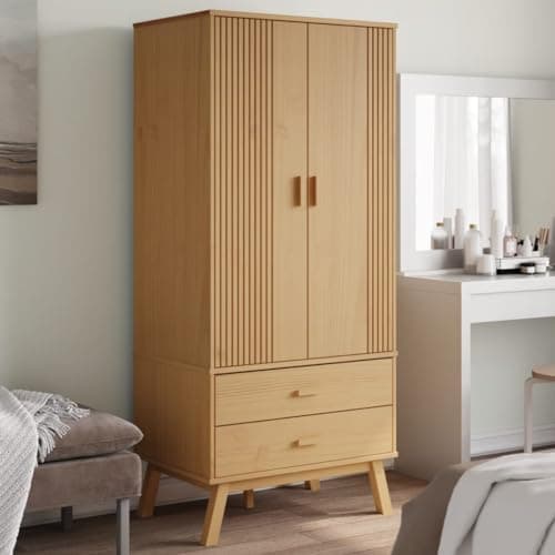 Image of NITCA Wardrobe OLDEN Brown, 2 Door Wardrobe, Wooden Clothes Cabinet Furniture Unit with Hanging Rail Storage Drawer Bedroom,Solid Wood Pine, 76.5x53x172 cm