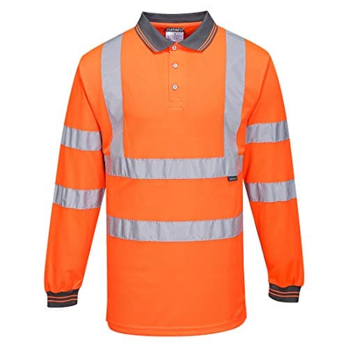 Image of Portwest S277 Men's Hi Vis Long Sleeve Polo Shirt - Reflective High Viz Outdoor Safety Security Workwear Top, Orange, XL