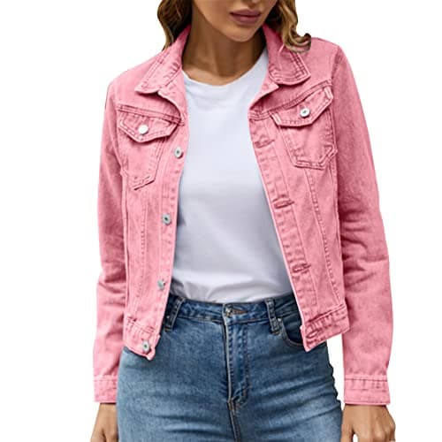 Image of Denim Jacket for Women, Womens Long Sleeve Casual Trucker Jean Jacket, Classic Button Up Outerwear Coat for Spring, Autumn, Ladies Denim Jackets