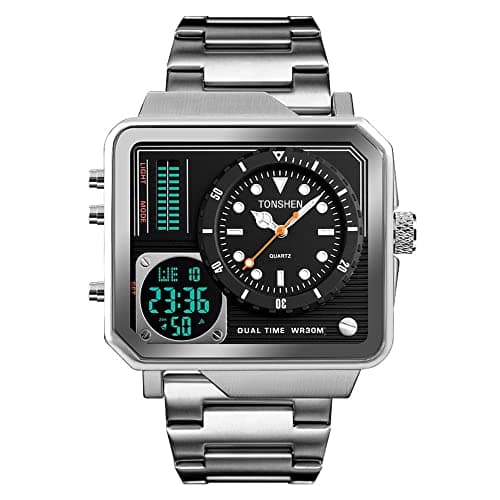 Image of TONSHEN Mens Stainless Steel Digital Watches Analog Quartz LED Dual Time Sports Watch Stopwatch Alarm Back Light Rectangular Dial (Silver)