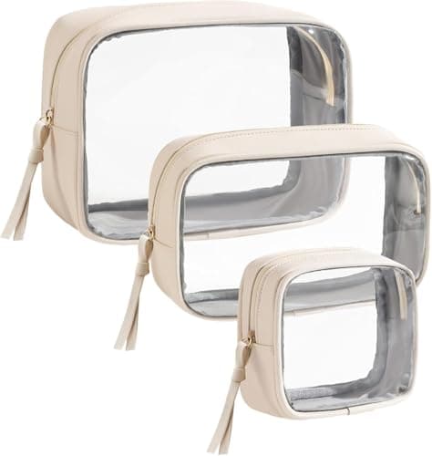 Image of 3-Piece Travel Makeup Bag Clear Waterproof Toiletry Bag Set Large, Medium Small Sizes Travel Toiletry Organizer Pouch Cosmetic Storage for Bathroom (Beige)