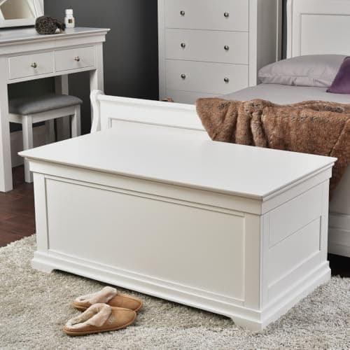 Image of Ramece Jolie White Painted Blanket Box – Shabby-Chic Storage Chest, Solid Wood Ottoman Toy Linen Trunk for Bedroom & Living Room - Fully Assembled - H50 x W110 x D59 cm