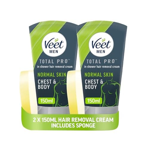 Image of Veet Men In-Shower Hair Removal Cream, Chest & Body, Normal Skin, 300ml Pack (2x150ml) - Softer Regrowth, Dermatologically Tested, Convenient Alternative to Electric Shaver