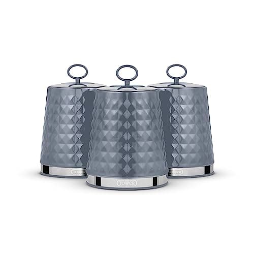 Image of Tower Solitaire Set of 3 Canisters, Mirror Finished Steel Lid with Round Loop, Airtight, Grey