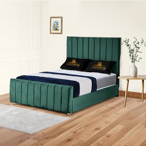 Image of Richmond Upholstered Bed Frame in Plush Velvet | Elegant Vertical Panel Headboard & Footboard | Gas Lift Storage or Wooden Slats (Green, 4FT6 Double No Storage Slat Base With Mattress)