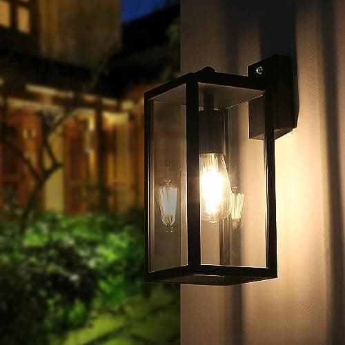 Image of BRIMMEL Outdoor Wall Light Dusk to Dawn - Aluminum Black Wall Lantern Porch Sconce with Ambient Sensor, Anti-Rust IP44 Lights Fixture with Clear Glass Shade, Matte Black