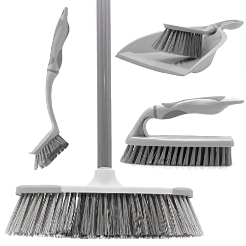 Image of OurHouse 5 Piece Cleaning Set, Features Five Essential Cleaning Tools Including Dustpan & Brush, Long Handle Broom, Washing Up Brush, and Handheld Scrubber, Kitchen Lobby Floor, Any Room in the House