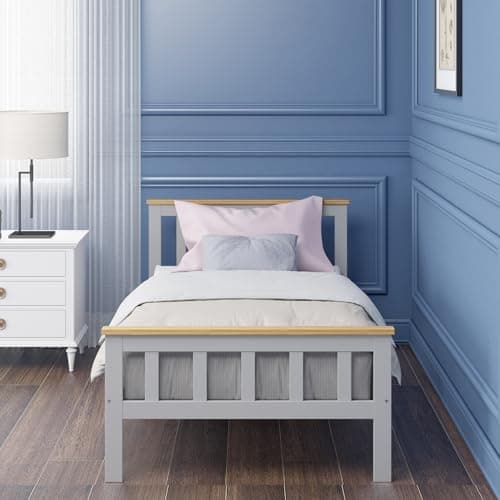 Image of Panana Single Bed Frame, Solid Wood Bed Frame Standard 3ft Single Size Wooden for Bedroom (Grey+Wood)