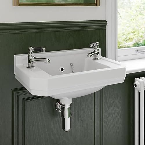 Image of Park Lane® Wall Hung Basin for Bathroom and Cloakroom Hand Wash Basins Two Tap Hole Traditional White Gloss, 500 x 310mm