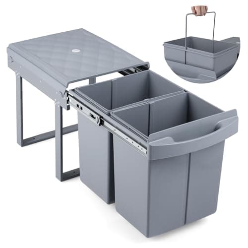 Image of COSTWAY 40L Pull Out Kitchen Bin, 2 x 20L Built in Trash Can Under Cabinet with Lid and Handle, Sliding Recycle Waste Bin for Waste Sorting System, Grey