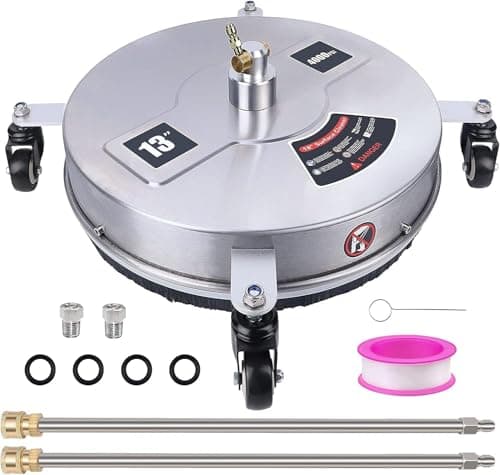 Image of Pressure Washer Surface Cleaner with 4 Wheels, Stainless Steel Housing & 1/4" Quick Connector, Power Washer Attachment with 2 Extension Wands, 2 Replacement Nozzles, 4000 PSI (13inch Silver)
