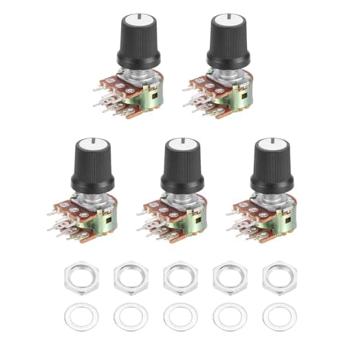 Image of sourcing map 5Set WH148 B5K Ohm Potentiometer Kit, 6-Pin Split Shaft Rotary Linear Dual Taper Rotary Audio Potentiometer with Knob Nut Washer for Audio Volume Control, 15mm Shaft, Black/White