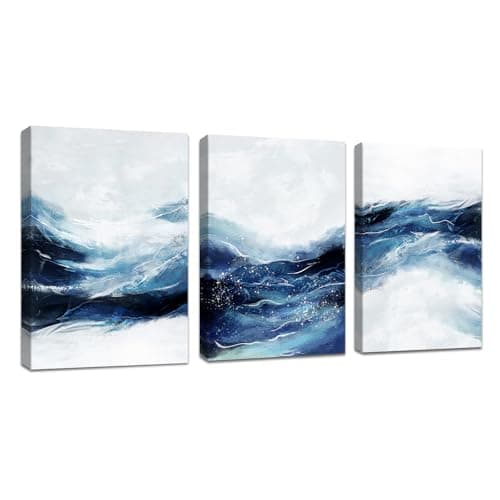 Image of FajerminArt 3Pcs Dark Blue Modern Living Room Painting Framed Abstract Blue White Canvas Wall Art Pictures Printing Canvas Artwork Wall Decor for Bedroom Bathroom Office Ready to Hang 30x40cmx3 Pcs
