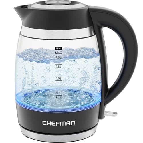 Image of Chefman Electric Kettle, 1.8L 3000W, Hot Water Boiler, Removable Lid for Easy Cleaning, Auto Shut Off, Boil-Dry Protection, Stainless Steel Filter, BPA Free, Borosilicate Glass Electric Tea Kettle