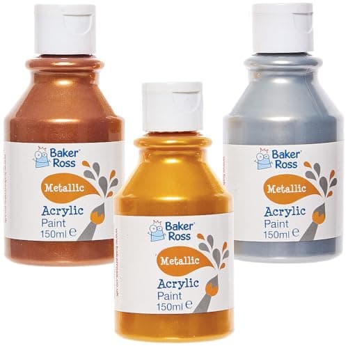 Image of Baker Ross FN651 Metallic Acrylic Paint Pack 150ml – Pack of 6, Metallic Paints in Assorted Colours, Perfect for Crafting