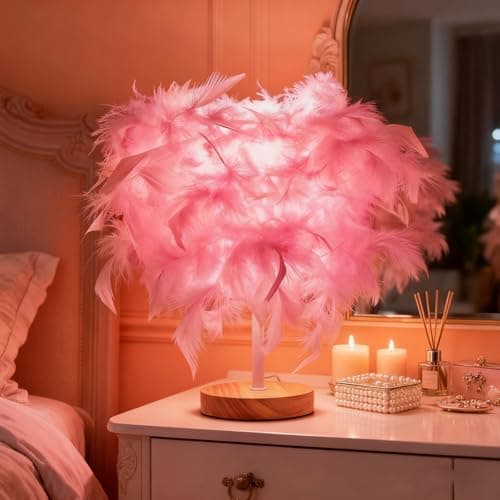 Image of KPLFI Feather Table Lamp, Bedroom Bedside Lamp Decoration Ambient Light Light Light Luxury Premium Feeling Night Lamp Creative Gift(Pink)