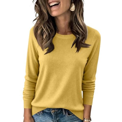 Image of Sweaters for Women UK Cosy Jumpers Women Crew Neck Knitted Sweaters for Women Long Sleeve Cashmere Sweater Soft Warm Pullover Tops Knit Jumpers Spring Clothing Yellow