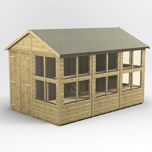 Image of Powersheds High Grade Pressure Treated Apex Potting Greenhouse Wooden Shed with Double Doors, Security Features, Heavy Duty Frame, Galvanised Ironmongery, Made from Extra Thick Timber (12x8)
