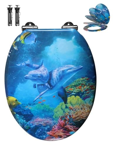 Image of Angel Shield Soft Close Toilet Seat with Adjustable Metal Hinges, Easy Install and Clean, O-Shaped, 45x37cm Wooden Toilet Seats Fits Never Slips for Bathroom (Ocean Dolphin Family)