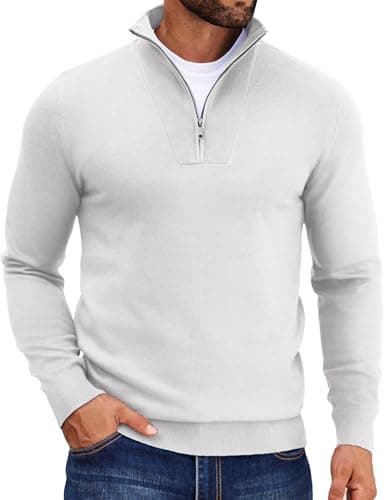 Image of COOFANDY Mens Quarter Zip Jumper Long Sleeve Turtleneck Sweater Knitted Pullover Smart Work Stand Collar Top White L